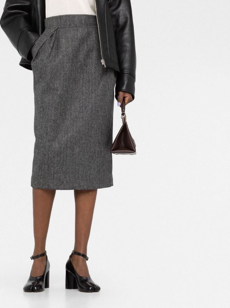 Black Pleated Wool Midi Skirt