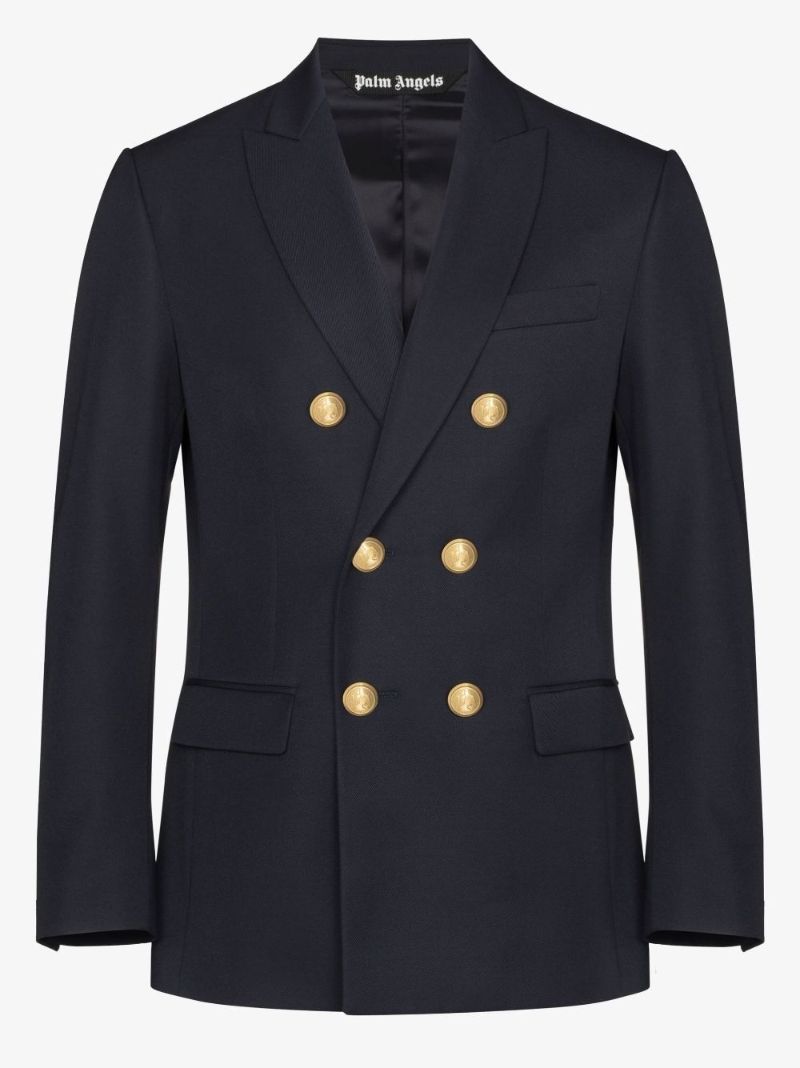 Blue Embroidered Palm Tree Double-breasted Blazer
