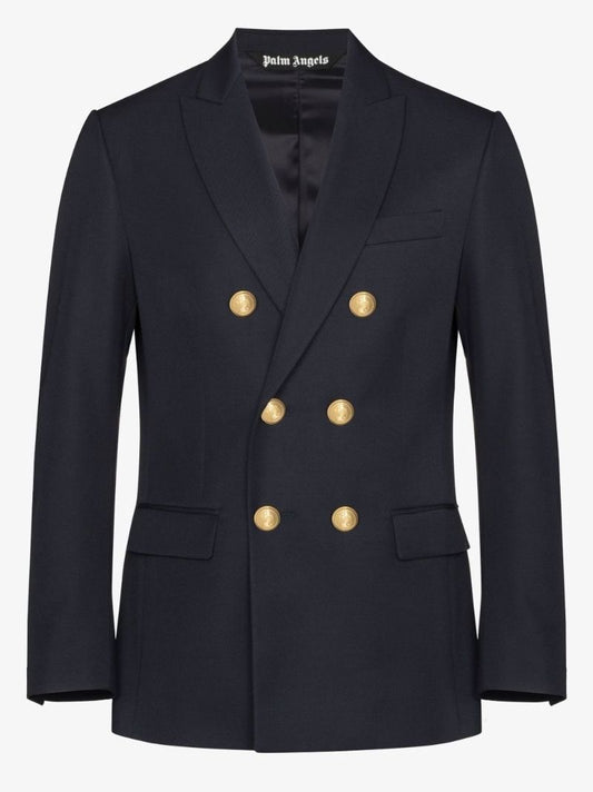 Blue Embroidered Palm Tree Double-breasted Blazer