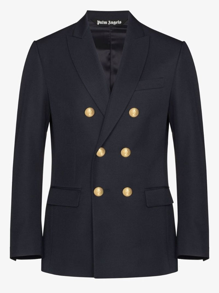 Blue Embroidered Palm Tree Double-breasted Blazer
