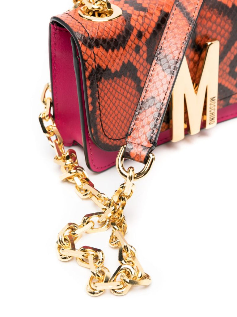 Orange and Pink Snake Print Leather Shoulder Bag
