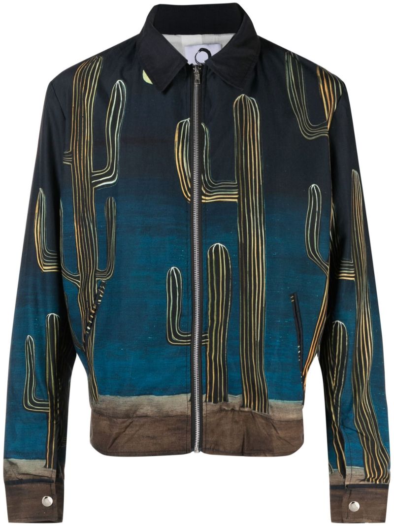 Blue Cactus Print Cotton Blouson Jacket