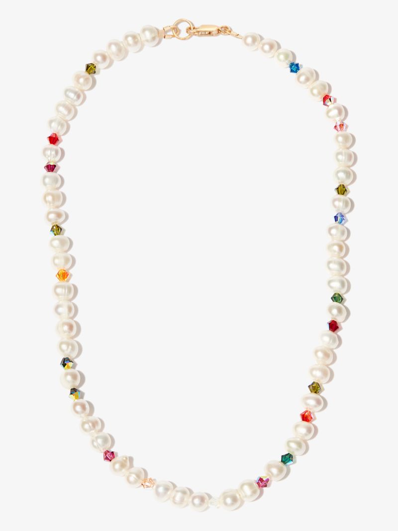 Gold Tone Pearl Crystal Beaded Necklace