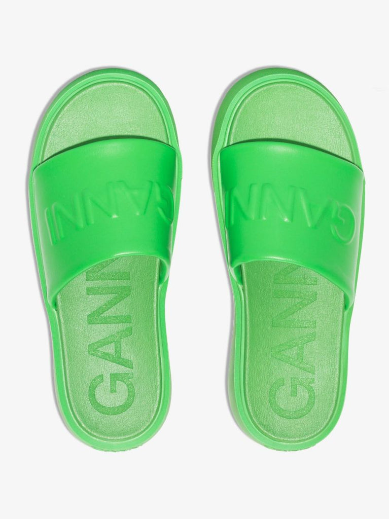 Green Logo Embossed Faux Leather Slides