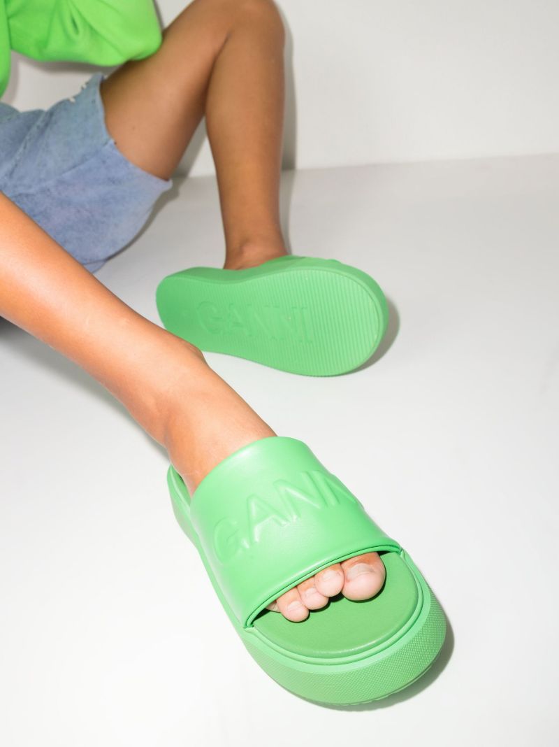 Green Logo Embossed Faux Leather Slides