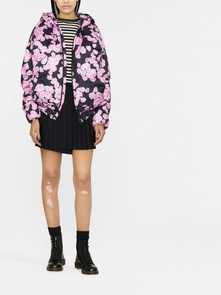 Black Pixel Roses Print Puffer Jacket
