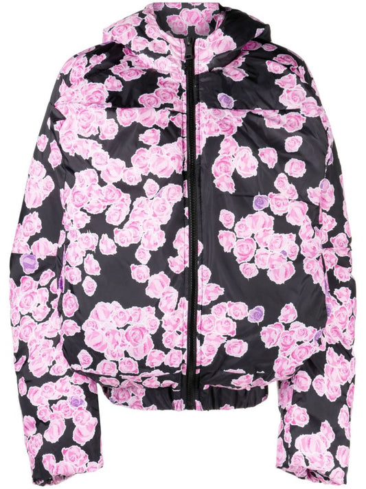 Black Pixel Roses Print Puffer Jacket