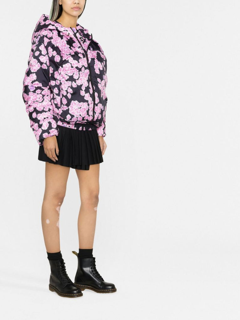Black Pixel Roses Print Puffer Jacket