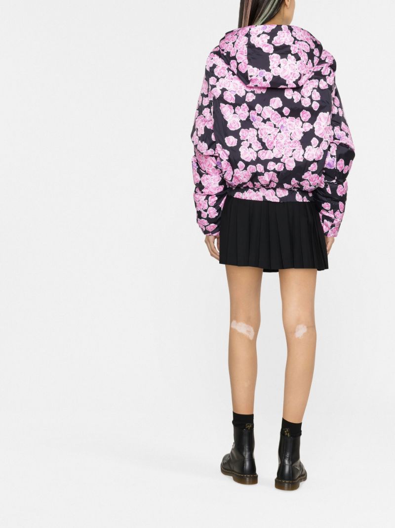 Black Pixel Roses Print Puffer Jacket