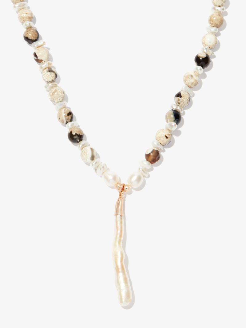 Neutral Agate and Pearl Beaded Necklace
