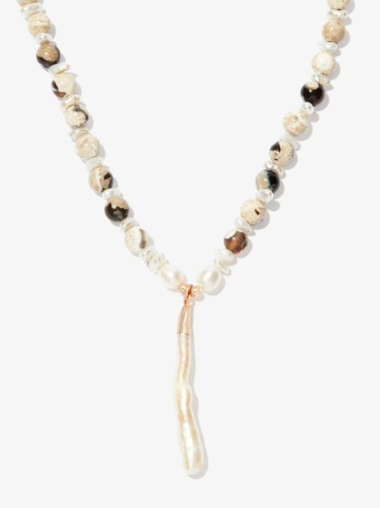 Neutral Agate and Pearl Beaded Necklace