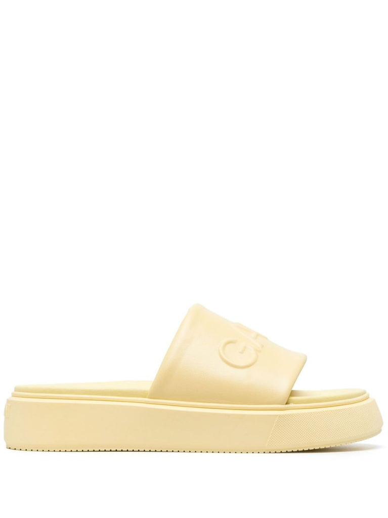 Yellow Logo Embossed Faux Leather Slides