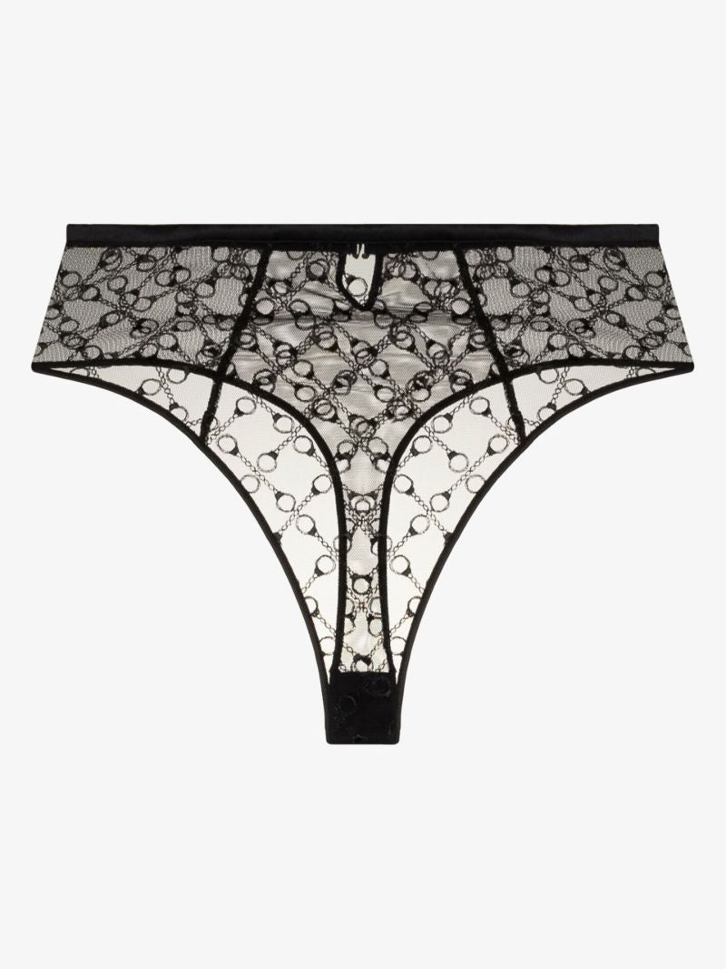 Black High Waist Embroidered Thong