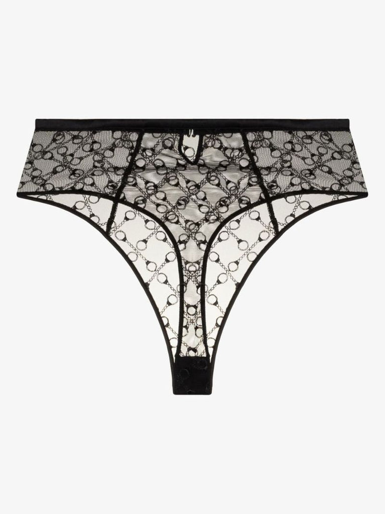 Black High Waist Embroidered Thong