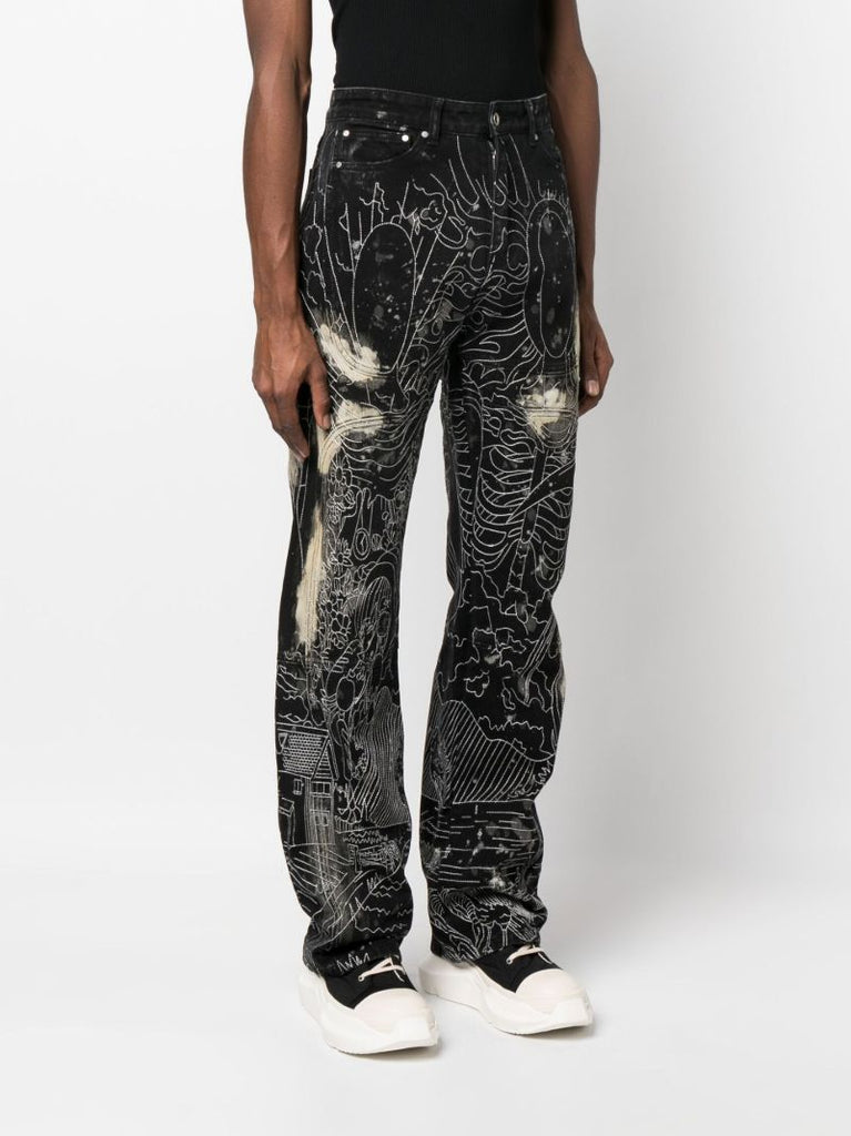 Black Blanched Duality Embroidered Straight-leg Jeans