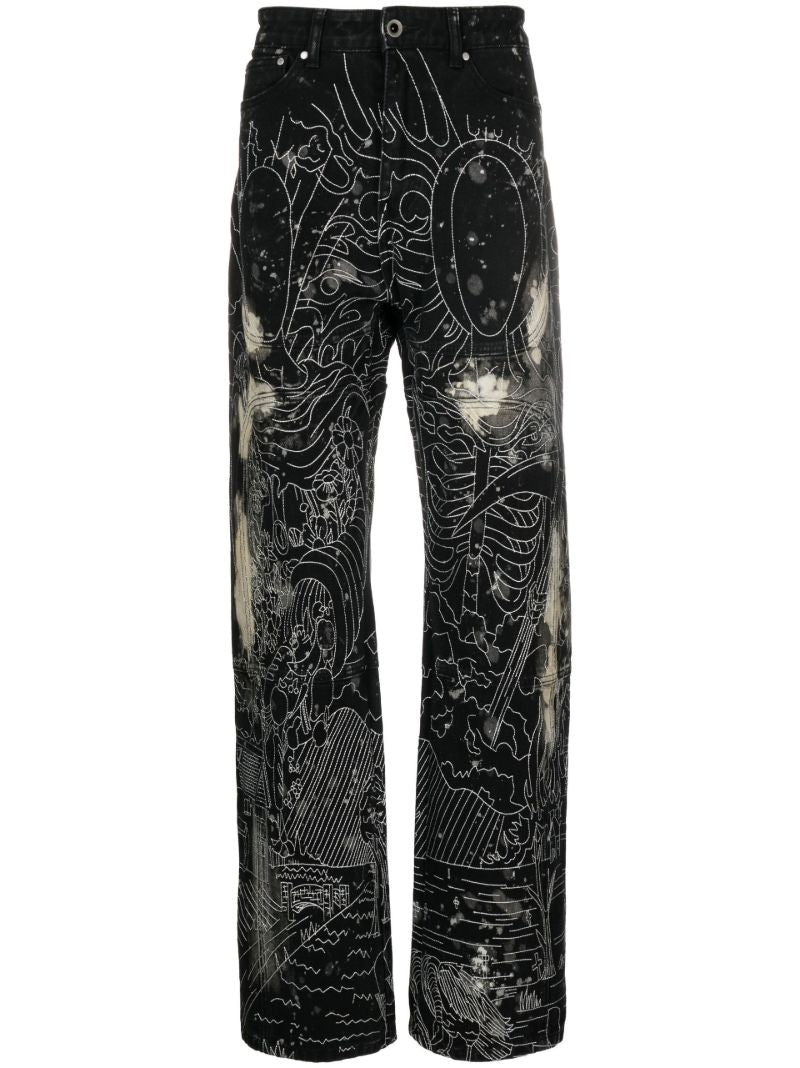 Black Blanched Duality Embroidered Straight-leg Jeans