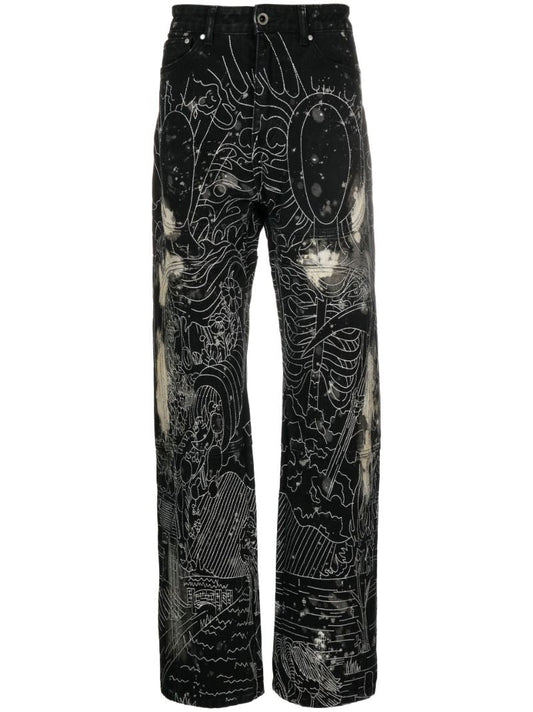 Black Blanched Duality Embroidered Straight-leg Jeans