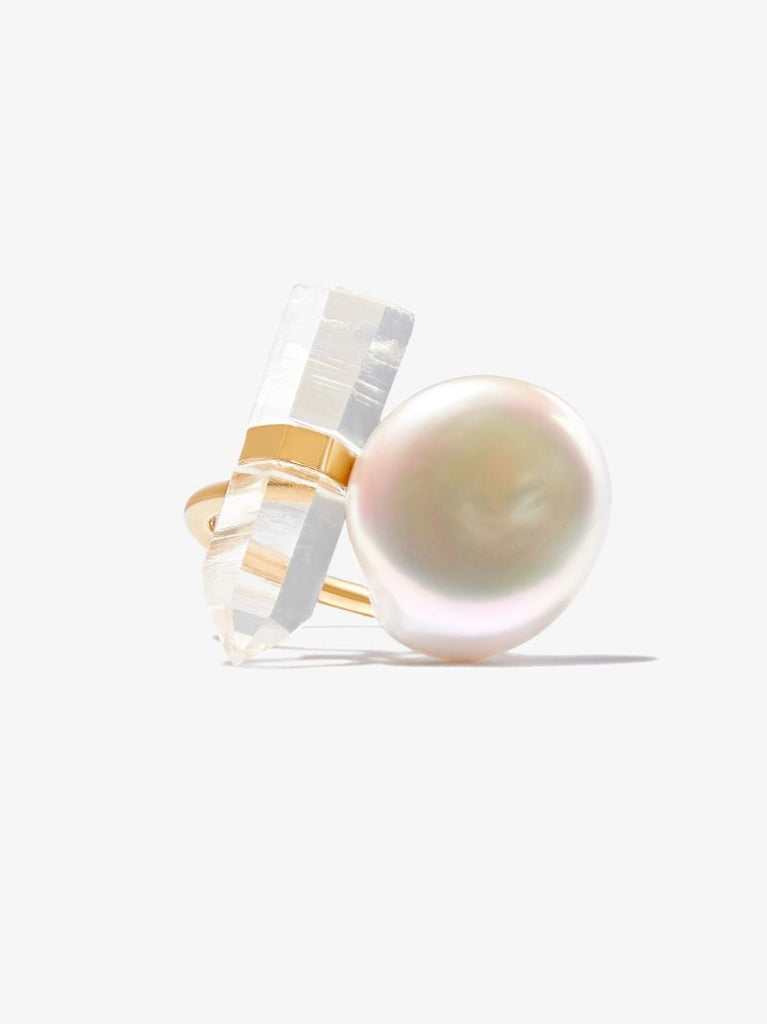 14k Gold Ocean Crystal Quartz Pearl Ring