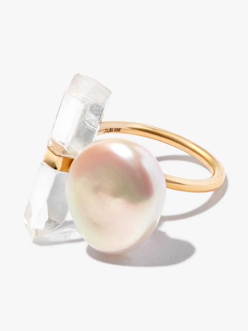 14k Gold Ocean Crystal Quartz Pearl Ring