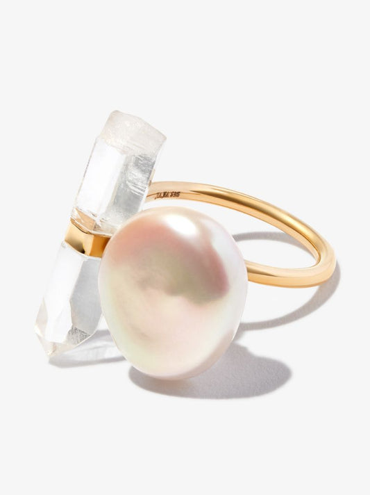 14k Gold Ocean Crystal Quartz Pearl Ring