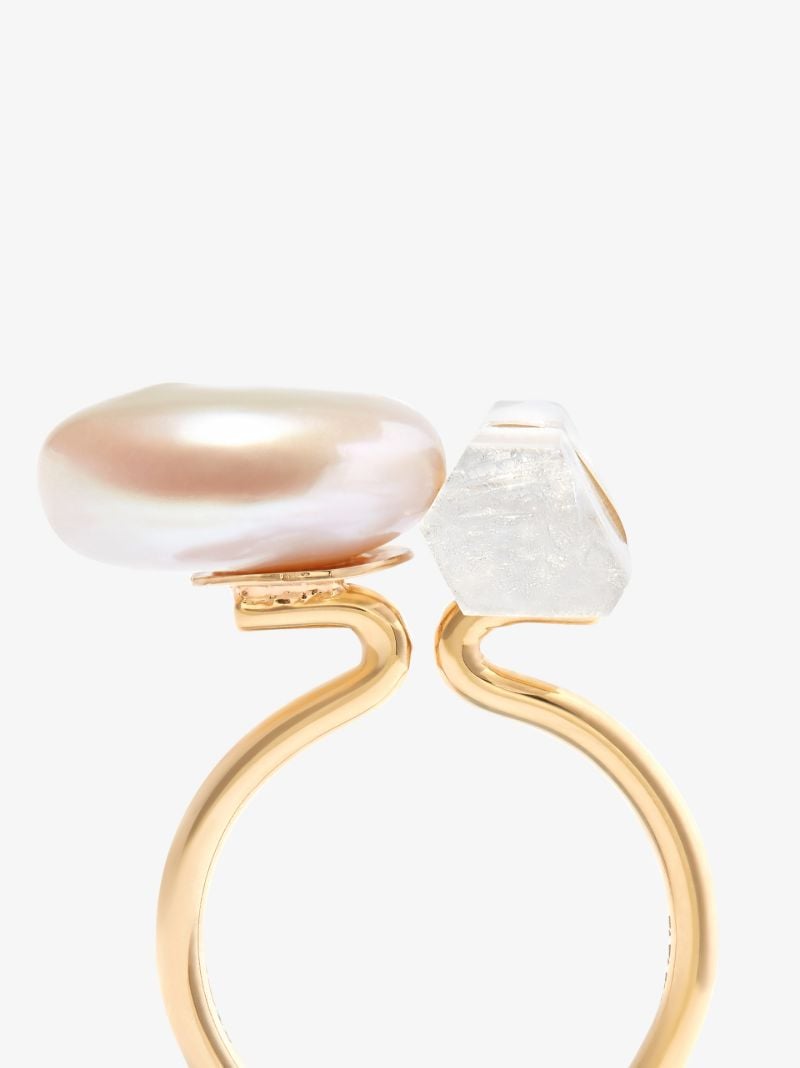 14k Gold Ocean Crystal Quartz Pearl Ring