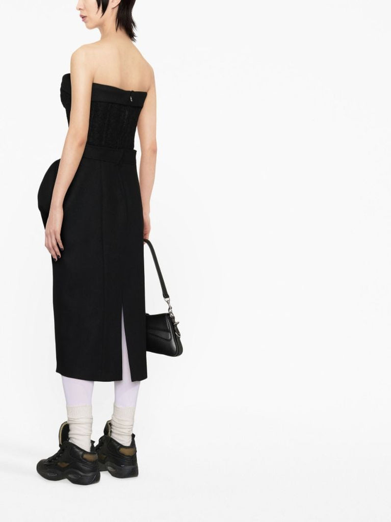 Black Bandeau Puff Ball Midi Dress