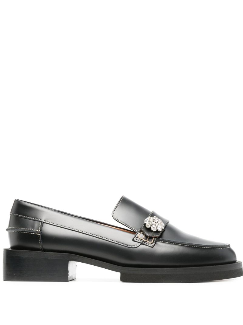 Black Embellished Leather Loafers