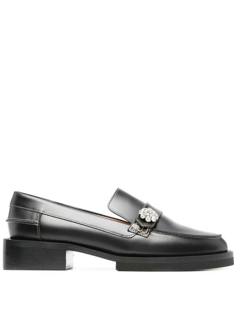 Black Embellished Leather Loafers