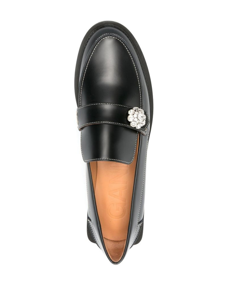 Black Embellished Leather Loafers