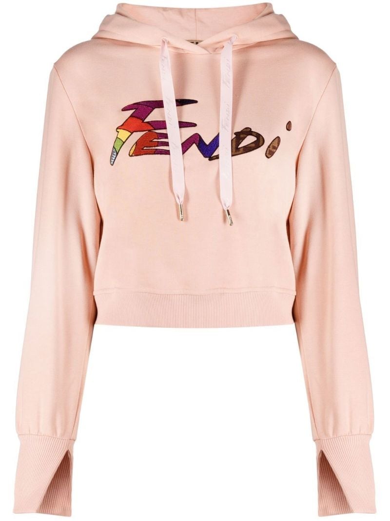 Pink Logo Embellished Cropped Hoodie