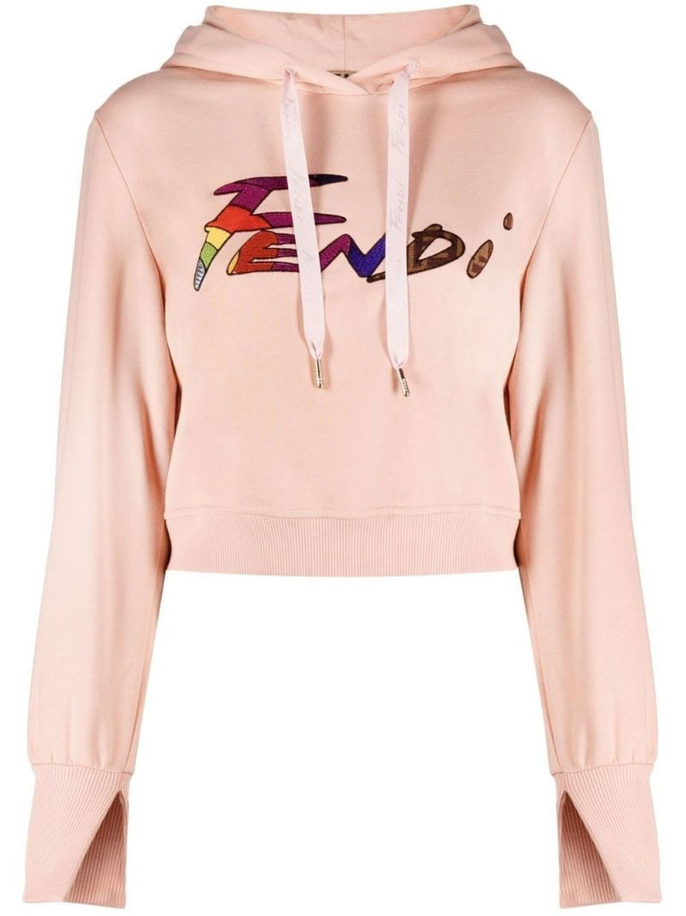 Pink Logo Embellished Cropped Hoodie