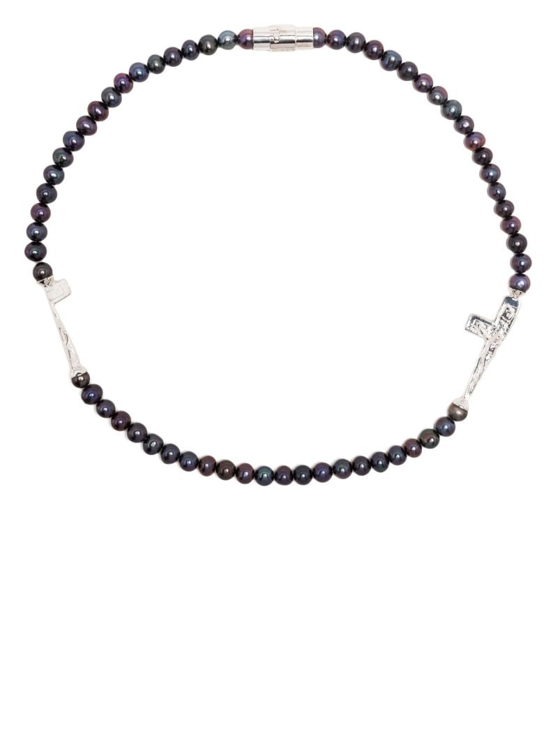 Sterling Silver Split Cross Pearl Choker Necklace