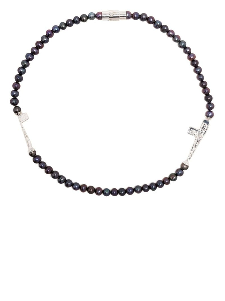 Sterling Silver Split Cross Pearl Choker Necklace