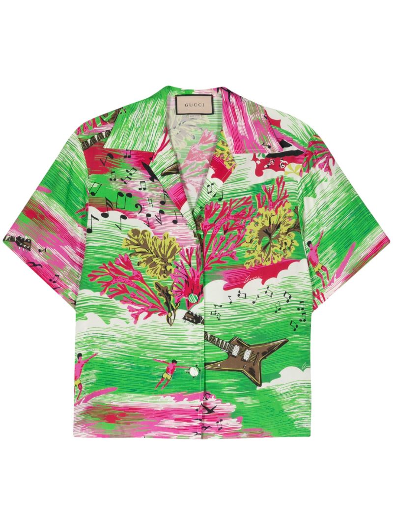 Green Music Ocean Print Bowling Shirt