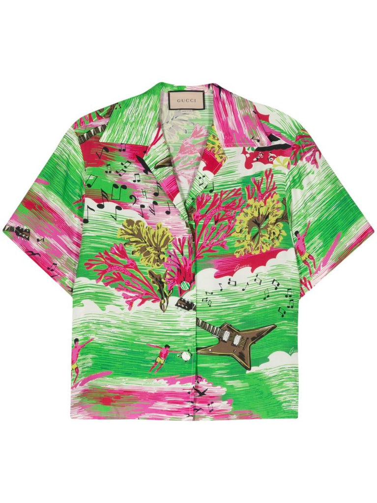 Green Music Ocean Print Bowling Shirt