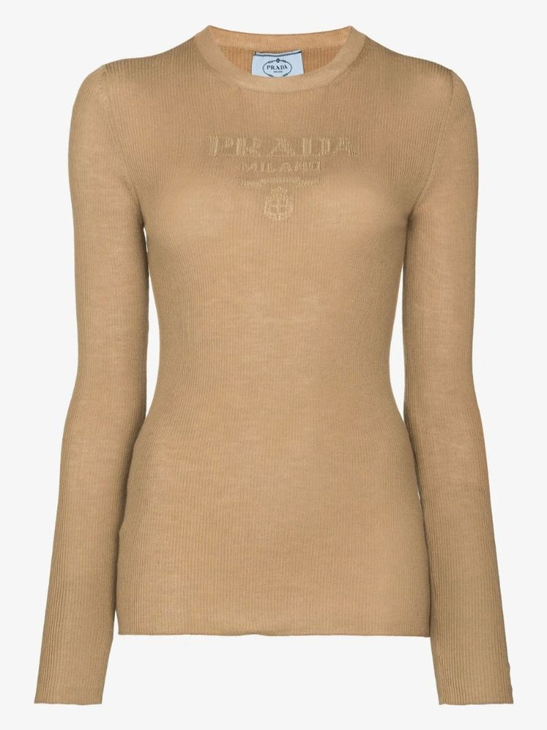 Brown Intarsia Logo Wool Sweater