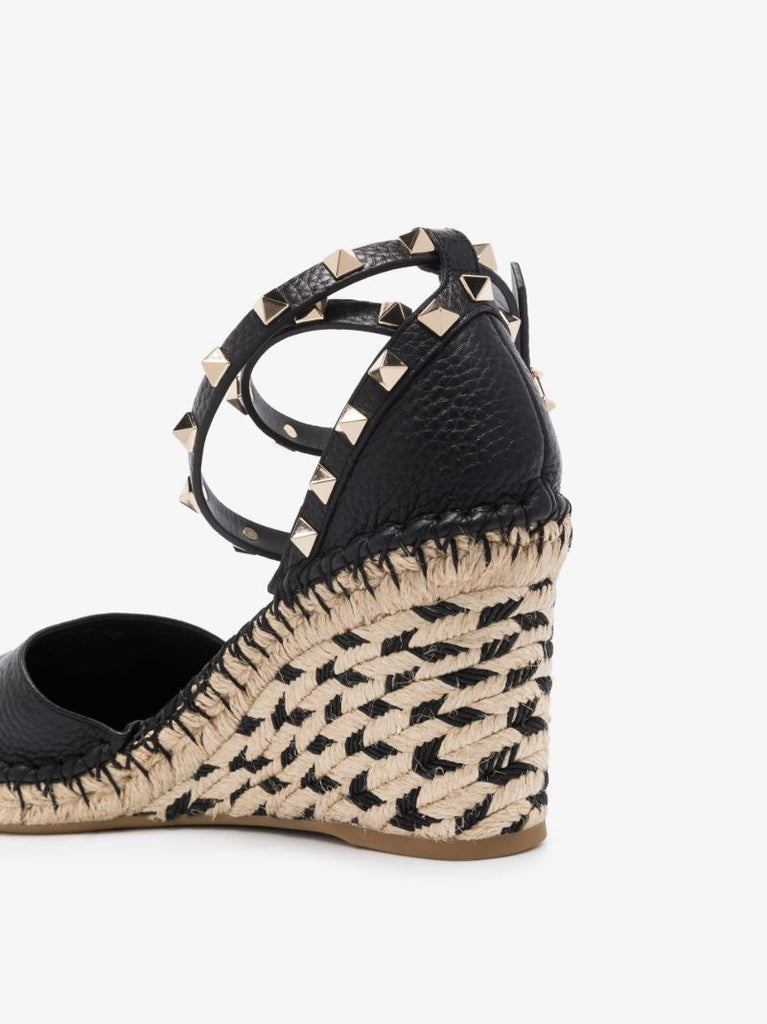 Black Rockstud 85 Leather Wedge Espadrilles