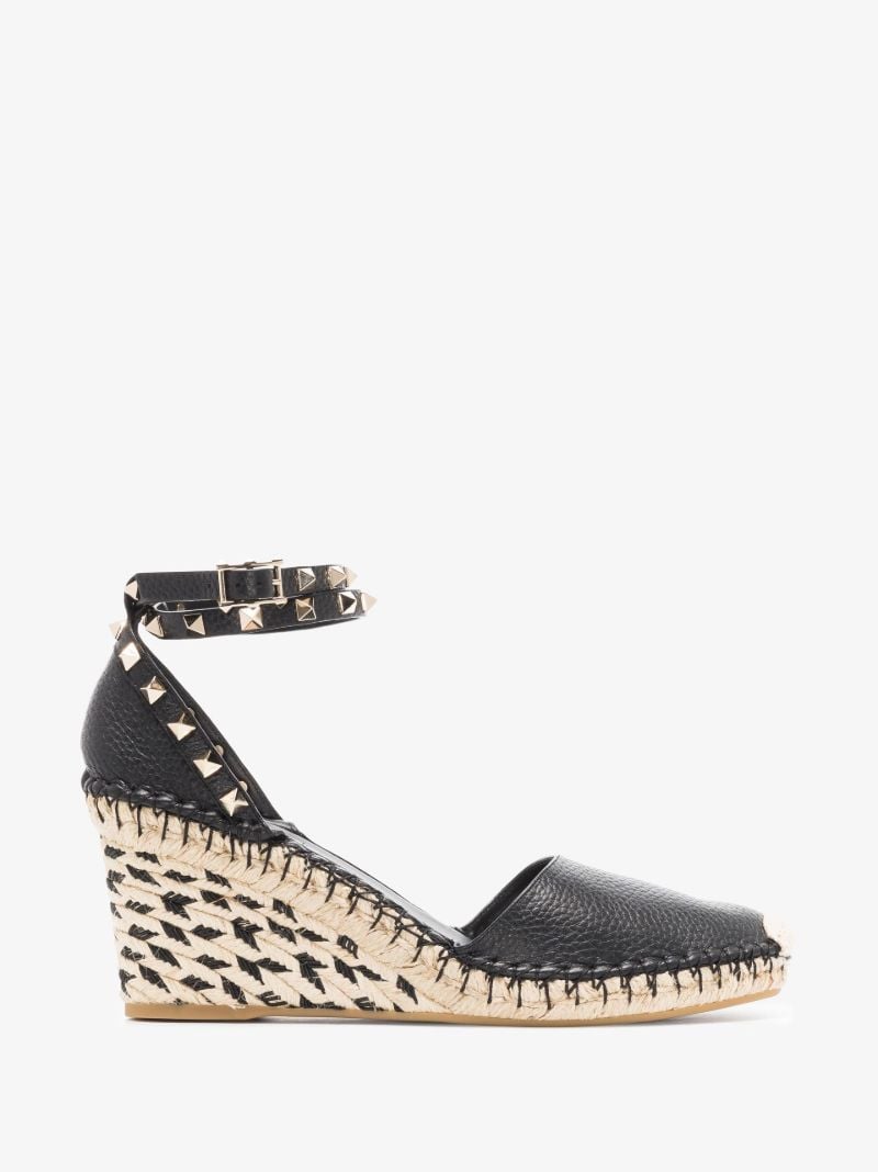 Black Rockstud 85 Leather Wedge Espadrilles