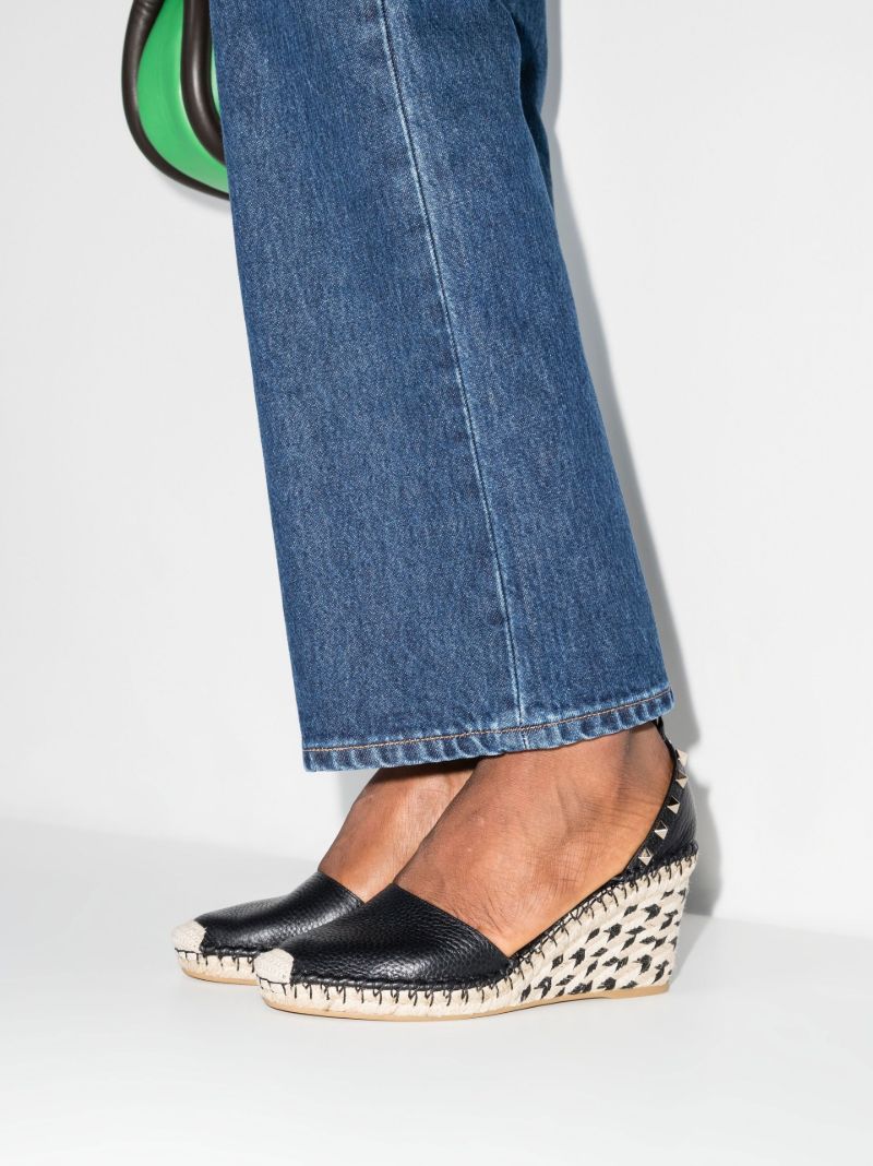 Black Rockstud 85 Leather Wedge Espadrilles