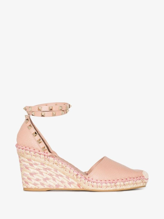 Pink Rockstud 85 Leather Wedge Espadrilles