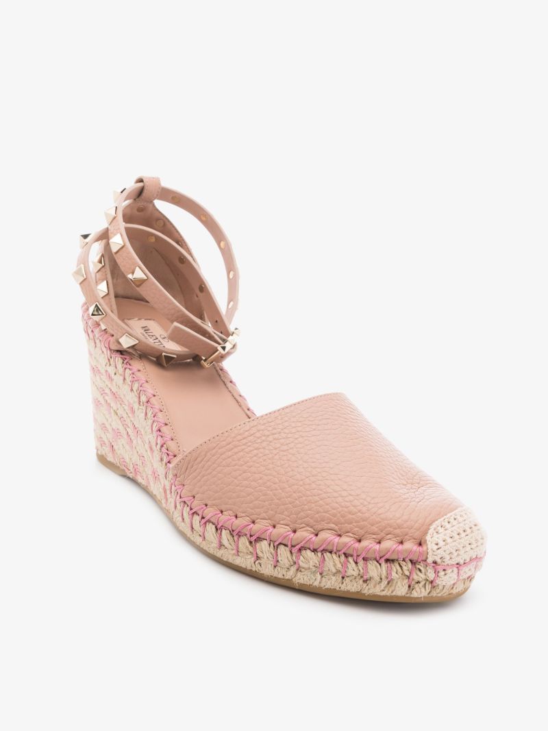 Pink Rockstud 85 Leather Wedge Espadrilles