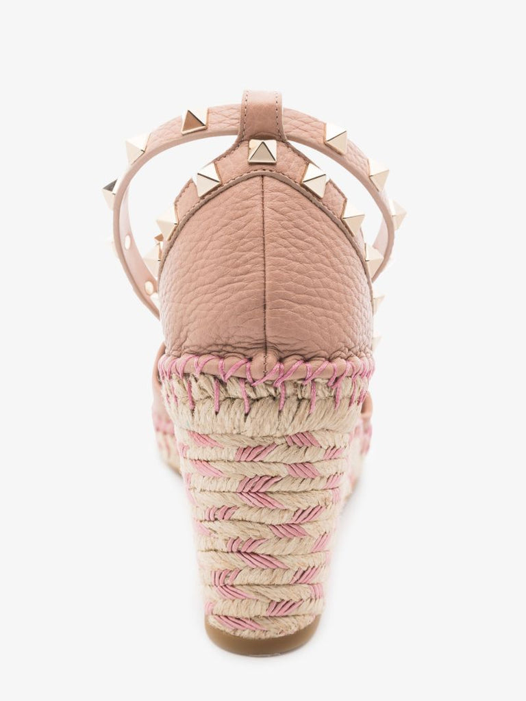 Pink Rockstud 85 Leather Wedge Espadrilles