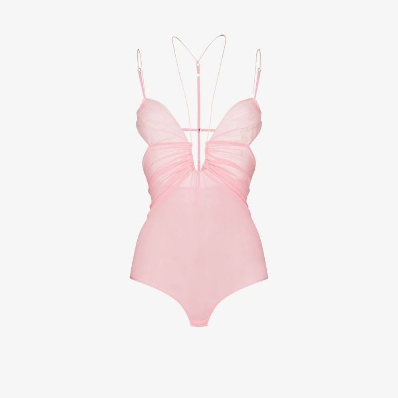Pink Ruched Silk Bodysuit