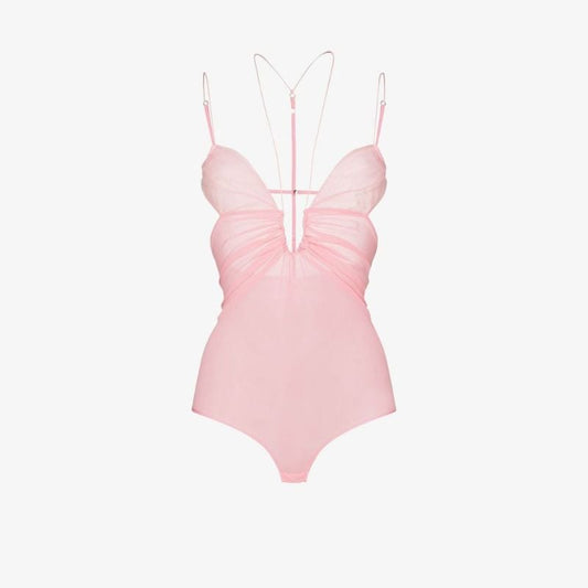 Pink Ruched Silk Bodysuit