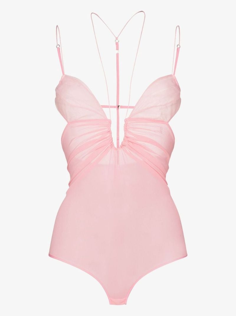 Pink Ruched Silk Bodysuit