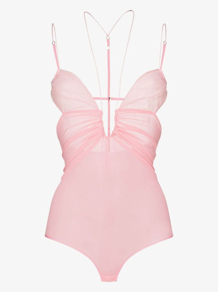 Pink Ruched Silk Bodysuit