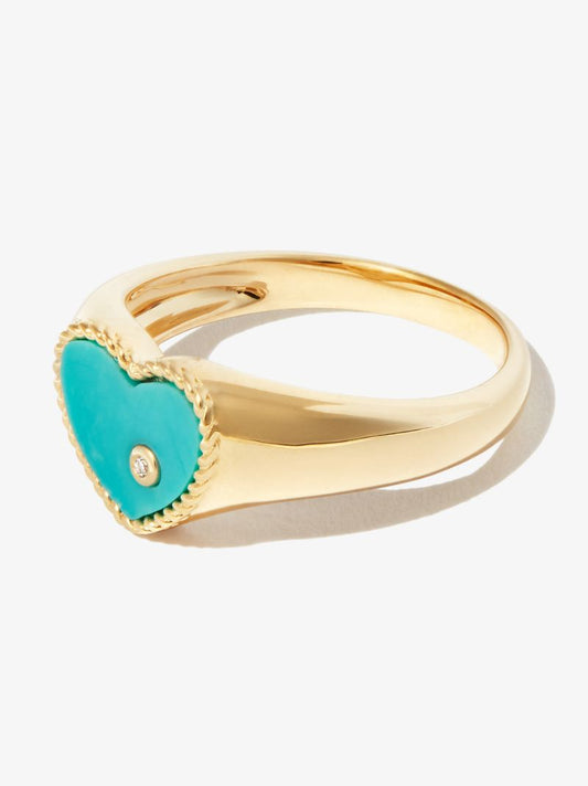 9k Yellow Gold Mini Coeur Turquoise Diamond Signet Ring