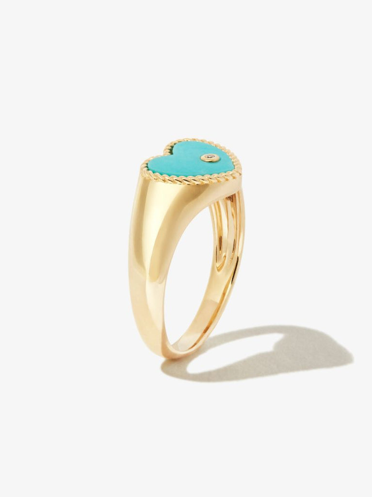9k Yellow Gold Mini Coeur Turquoise Diamond Signet Ring