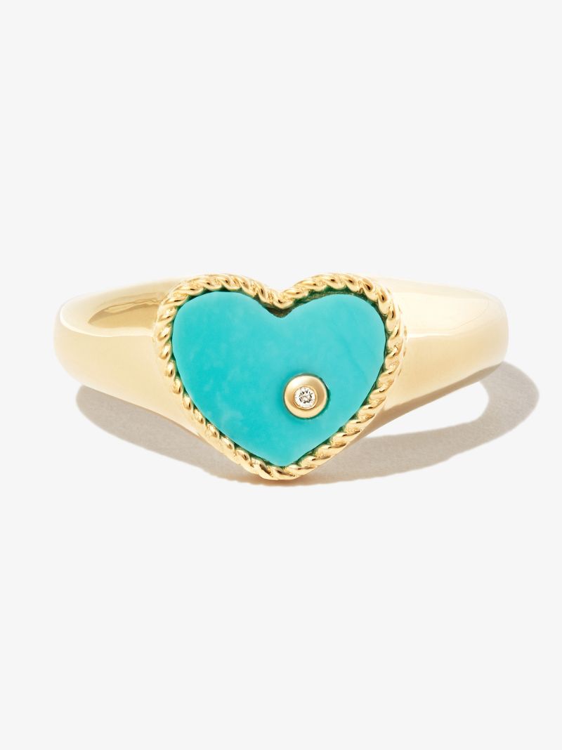 9k Yellow Gold Mini Coeur Turquoise Diamond Signet Ring