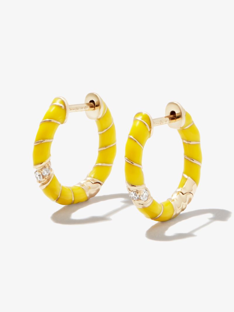 9k Yellow Gold Mini Torsade Enamel and Diamond Hoop Earrings